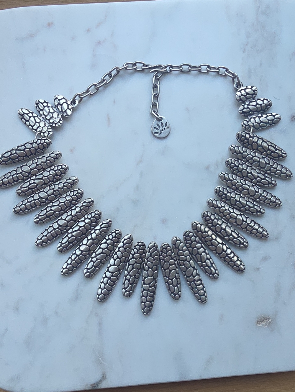Signed Mozaic Silver-Tone Brutalist/Modernist Statement Bib Necklace".
